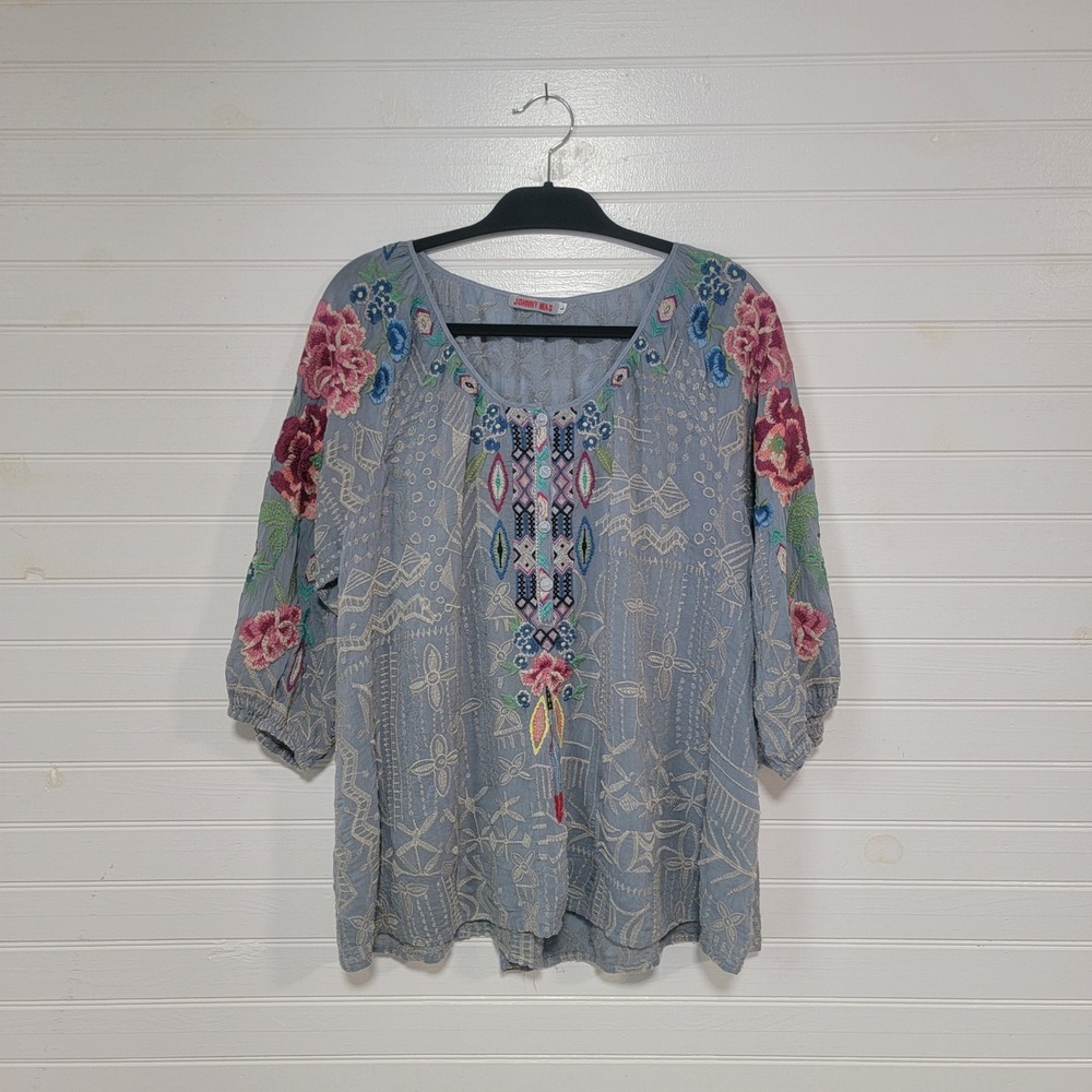 Johnny Was Trista Embroidered Cupra Rayon Peasant Blouse Top C12018-0 Large